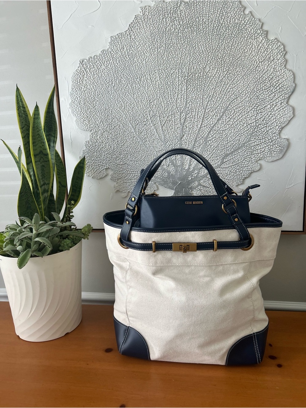 Steve Madden BOGO Canvas Tote Cream with Navy Trim BOGO Matching Crossbody
